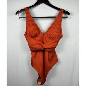 NWT Cupshe One Piece Swimsuit Small Burnt Orange Ribbed V Neck Padded Flattering